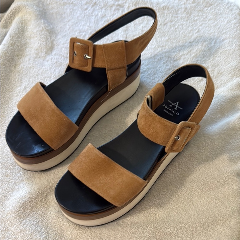 Aquatalia Tan Suede Platform Slingback Sandals with Buckle